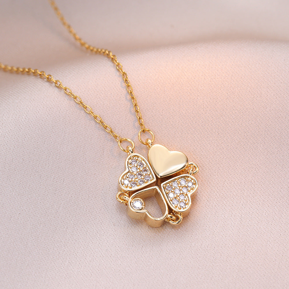Wholesale heart to heart open and close four leaf flower fashion necklace